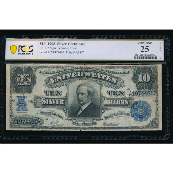 1908 $10 Tombstone Silver Certificate PCGS 25