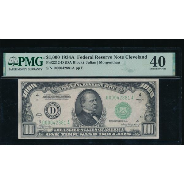 1934A $1000 Cleveland FRN PMG 40