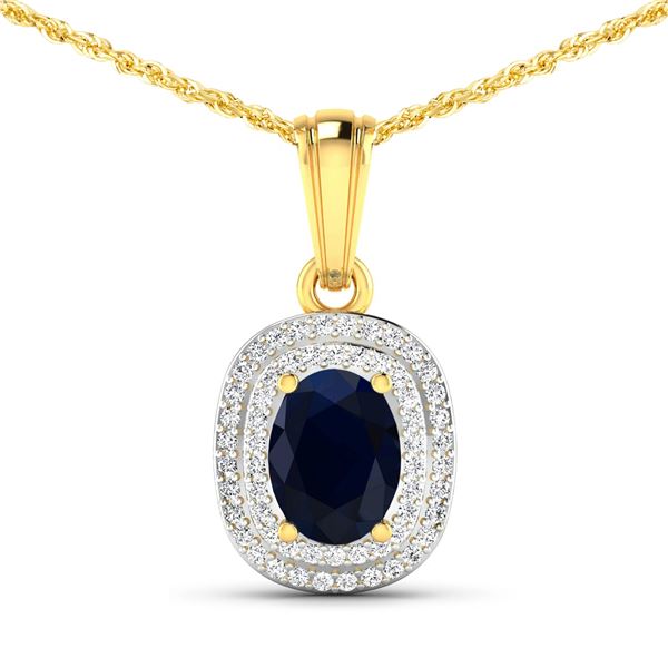 14KT Yellow Gold 1.3ct Blue Sapphire and Diamond Pendant with Chain