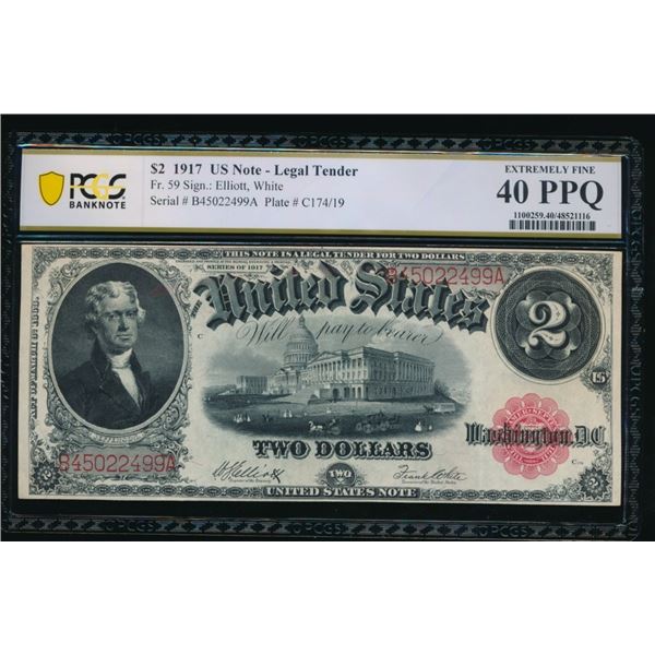 1917 $2 Legal Tender Note PCGS 40PPQ