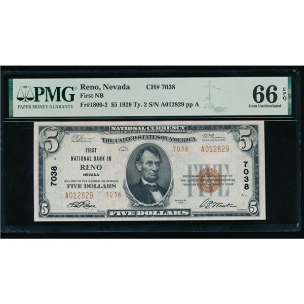 1929 $5 Reno NV National PMG 66EPQ
