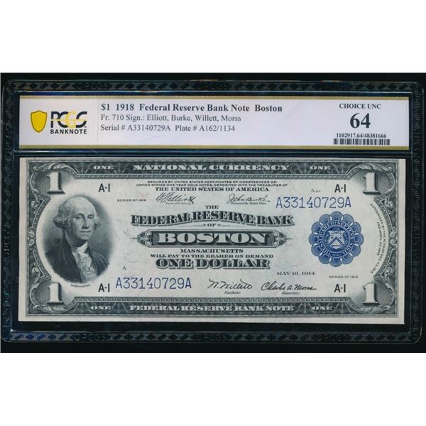 1918 $1 Boston FRBN PCGS 64