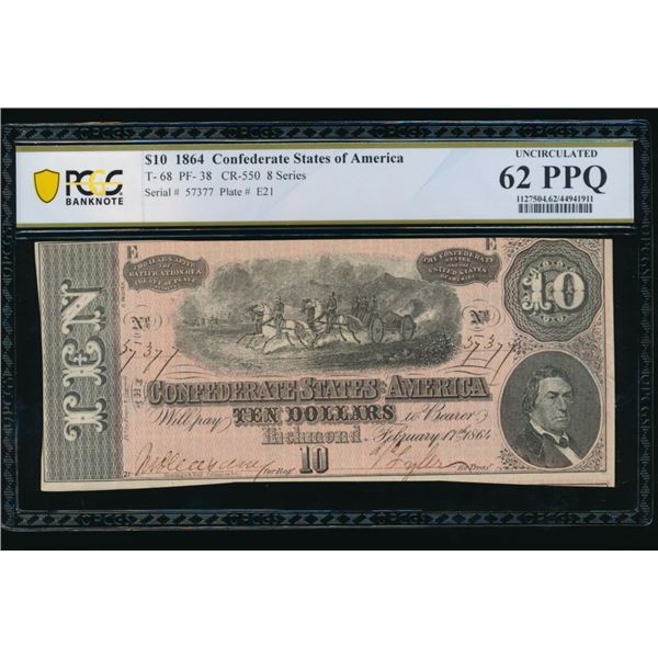 1864 $10 T-68 Confederate PCGS 62PPQ
