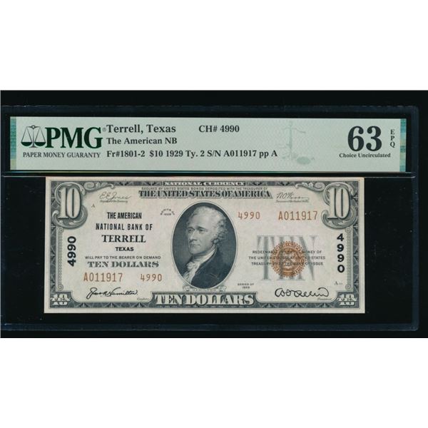 1929 $10 Terrell TX National PMG 63EPQ