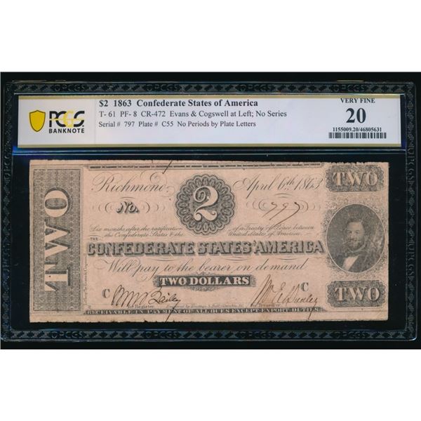1863 $2 T-61 Confederate PCGS 20