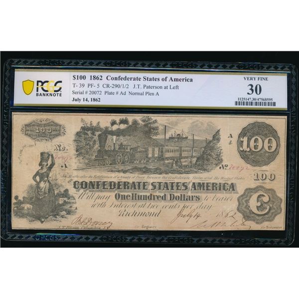1862 $100 T-39 Confederate PCGS 30