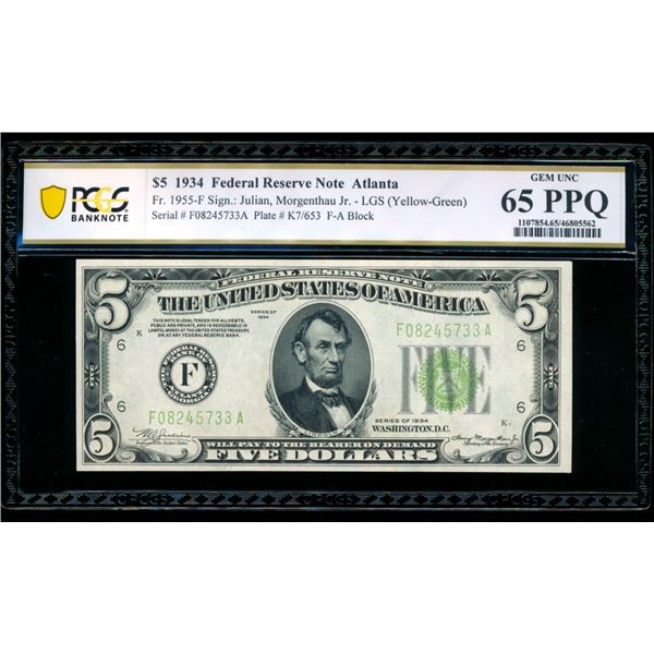 1934 $5 Atlanta FRN PCGS 65PPQ