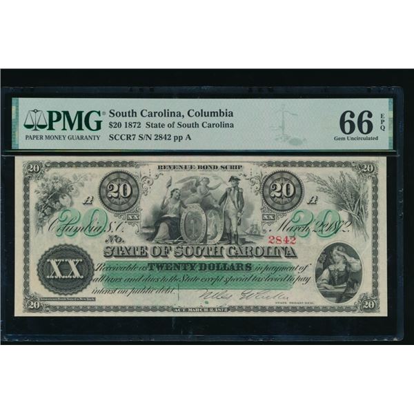 1872 $20 Columbia SC Obsolete PMG 66EPQ