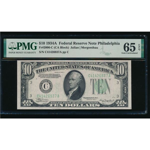 1934A $10 Philadelphia FRN PMG 65EPQ