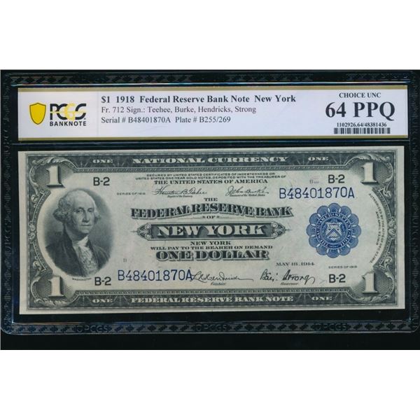 1918 $1 New York FRN PCGS 64PPQ