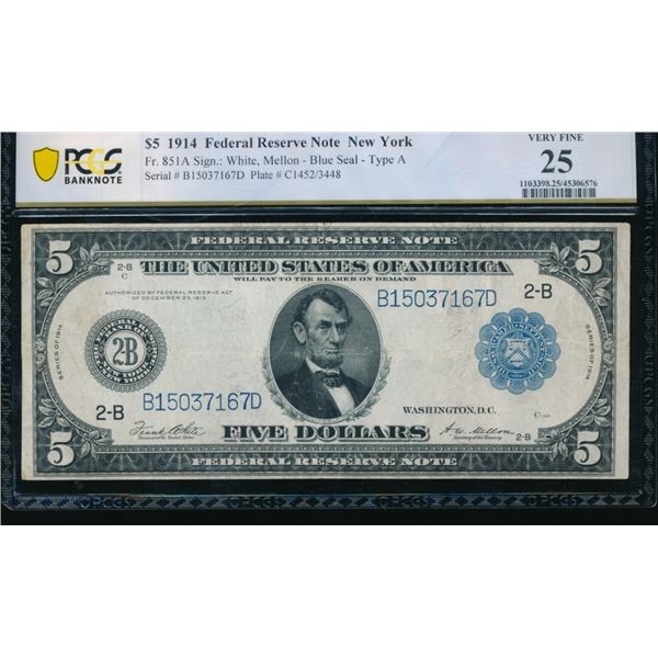 1914 $5 New York FRN PCGS 25