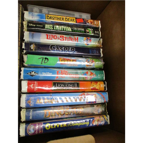 BOX C/W VHS TAPES, PLACEMATS, ETC