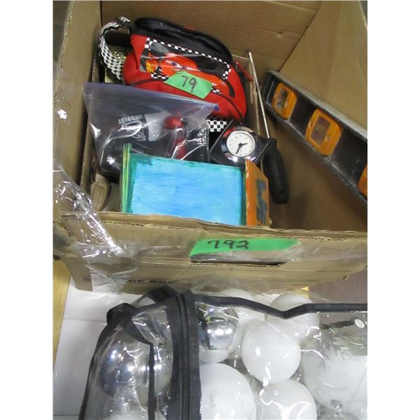 BOX C/W TOY, LEVEL, DECORATION, ETC