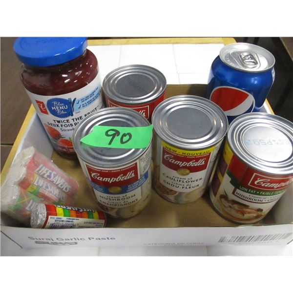 BOX C/W SOUP, POP, FRUIT, ETC