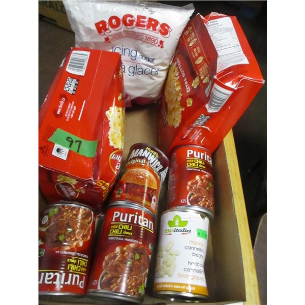 FREIGHT DAMAGE (AS IS):  BOX C/W CANNED GOODS, ICING SUGAR, POPCORN, ETC