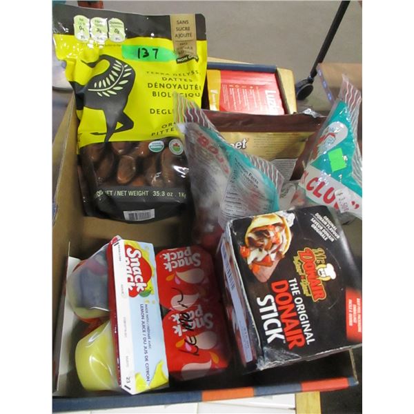 FREIGHT DAMAGE (AS IS):  BOX C/W PUDDING, DATES, TEA, CANDY, ETC