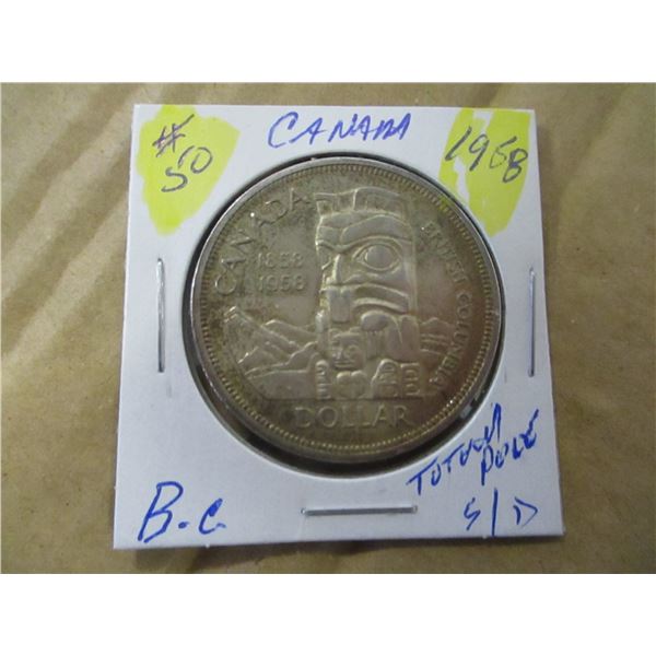 1958 BC TOTEM POLE CANADA SILVER DOLLAR