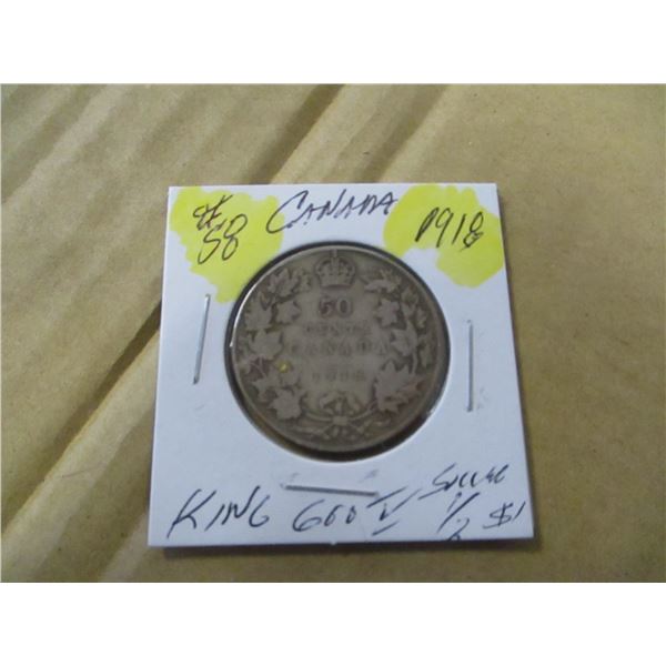 1918 CANADA KING GEORGE V SILVER HALF DOLLAR