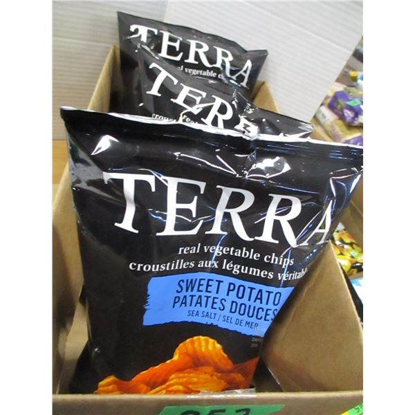 SHELF PULLS (AS IS):  BOX C/W 3 BAGS OF TERRA CHIPS