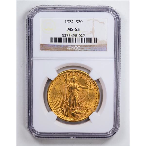 1924 $20 Double Eagle Gold Coin NGC MS63