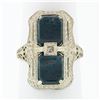 Image 1 : Antique Art Deco 14k White Gold Dual Bloodstone & Diamond Etched Filigree Ring