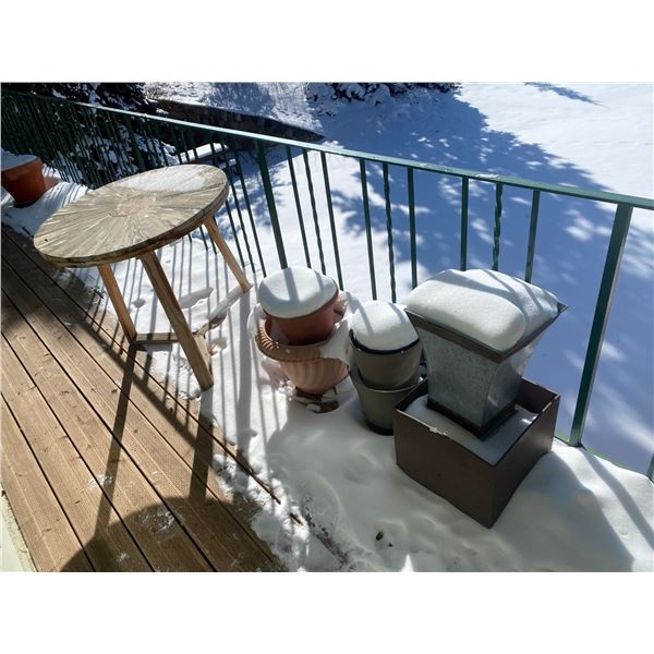 Wooden Patio Table 31W x 30T And Assortment Of Plant Pots