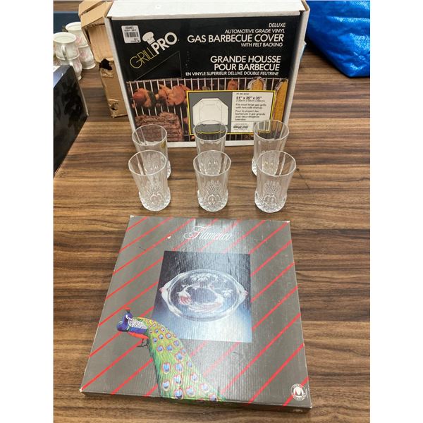 GrillPro Barbecue Cover With Set Of Crystal Glasses And Peacock Dish