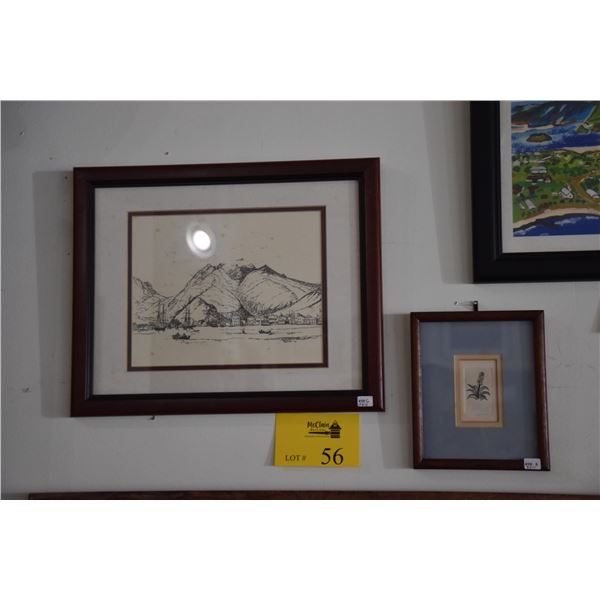 FRAMED PEN & INK DRAWING, T. FAMILY & DOUGLAS (2 PCS)