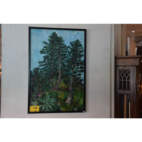 FRAMED ACRYLIC PAINTING, PINE TREES BY CAROL FANNING, 1991