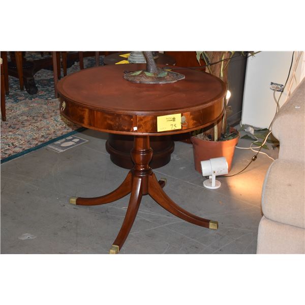 32" MAHOGANY & LEATHER DRUM TABLE W/2 DRAWERS