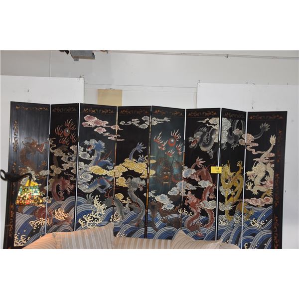 8 PANEL CHINESE COROMANDEL FOLDING SCREEN W/DRAGON  MOTIF, BIRDS & FLOWERS ON REVERSE SIDE (128  X 8