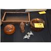 Image 1 : JAPANESE MIXED LOT: WOOD VASE/TRAY, CARVED BOX, SMOKING TRAY W/HANDLES & 3 FIGURES (6 PCS)