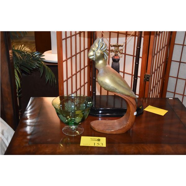 VINTAGE 80'S DOLBI CASHIERS BRASS & WOOD COCKATOO BIRD & GREEN GLASS BOWL W/FROSTED SNOWFLAKES (2 PC