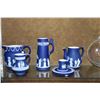 Image 2 : COLLECTION OF ANTIQUE WEDGWOOD BLUE & WHITE JASPERWARE PITCHERS, CREAMERS, PLATE, ETC. (6 PCS)