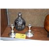 Image 1 : ANTIQUE GLASS DECANTER W/SILVER OVERLAY & STERLING CANDLE HOLDERS (3 PCS)