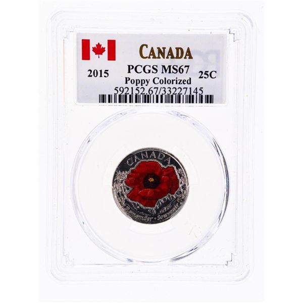 Canada 2015 25 Cents Poppy Colourized -PCGS MS67