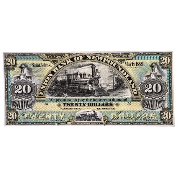 Union Bank of Newfoundland May 1st, 1889 Twenty Dollars Printers Proof Only