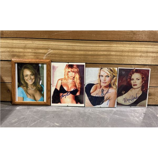 4 AUTOGRAPHED FEMALE CELEBRITY PHOTOS INCLUDING; LINDSAY LOHAN, TARA REID, NATASHA HENSTRIDGE &