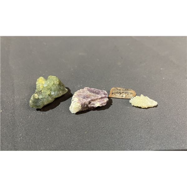 GREEN FLUORITE SPECIMEN RETAIL $180, LABRADORITE RETAIL $249, AND CALCITE/ QUARTZ