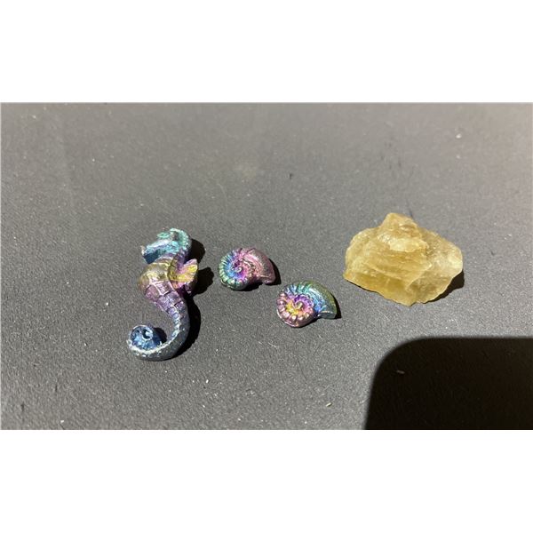 CITRINE CLUSTER RETAIL $180, AND 2 RAINBOW BISMUTH CARVINGS RETAIL $149 EACH