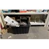 Image 2 : 3 SHELVES AND BIN OF ASSORTED ITEMS INCLUDING; EGLO LIGHTNING, CHANDLER, STEP STOOL, BINS WITH