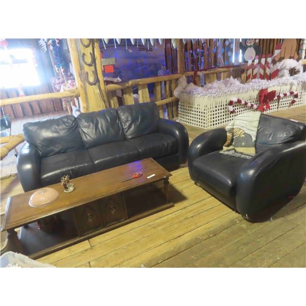 Leather Style Couch and Chair (Has Some Wear) & Coffee Table