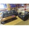 Image 1 : Leather Style Couch and Chair (Has Some Wear) & Coffee Table