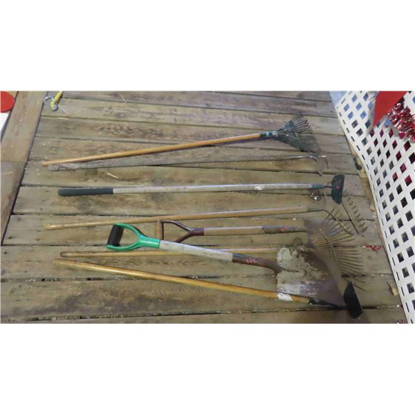 6 Hand Yard Tools ; Shovel, Spade, Rake, Hoes