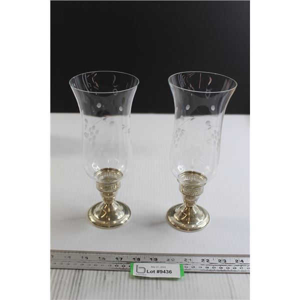 Duchin Sterling Silver Weighted Candle Holders with Hurricane Etched Glass - 9" Tall