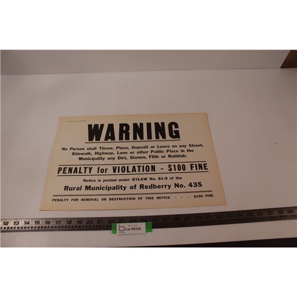 Vintage Paper Saskatchewan R.M Bylaw Sign - 12x18"