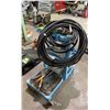 Image 2 : 4 WHEEL 3 TIER PUSH CART WITH ASSORTED CONTENTS INCLUDING; GARDEN HOSE, GARDEN HAND TOOLS, HOSE