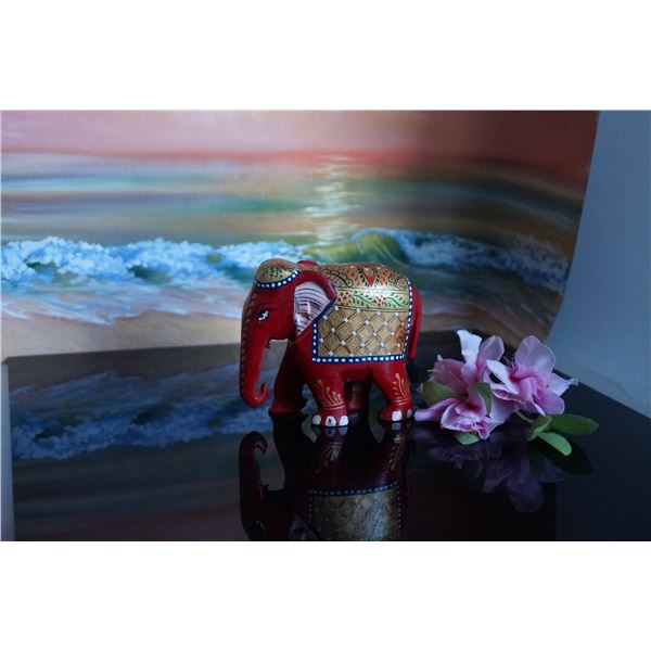 Vintage wood hand carved and decorated elephant