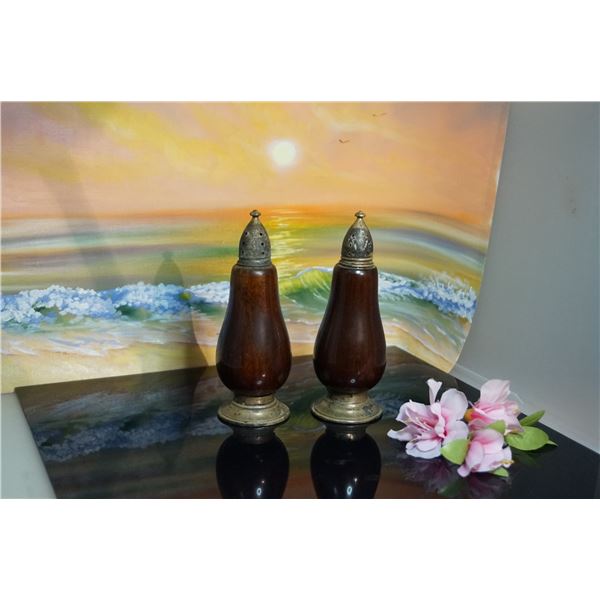 Vintage hand turned Genuine Mahagany and silver salt and paper shaker