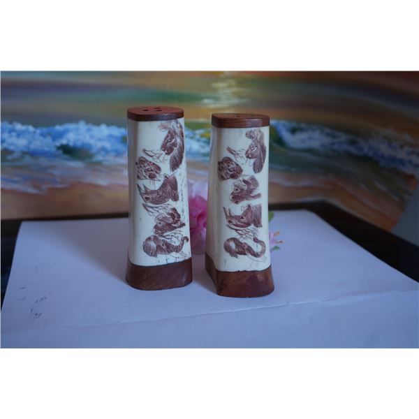 Vintage Horn Salt and Pepper Shaker Set with ethched african animals